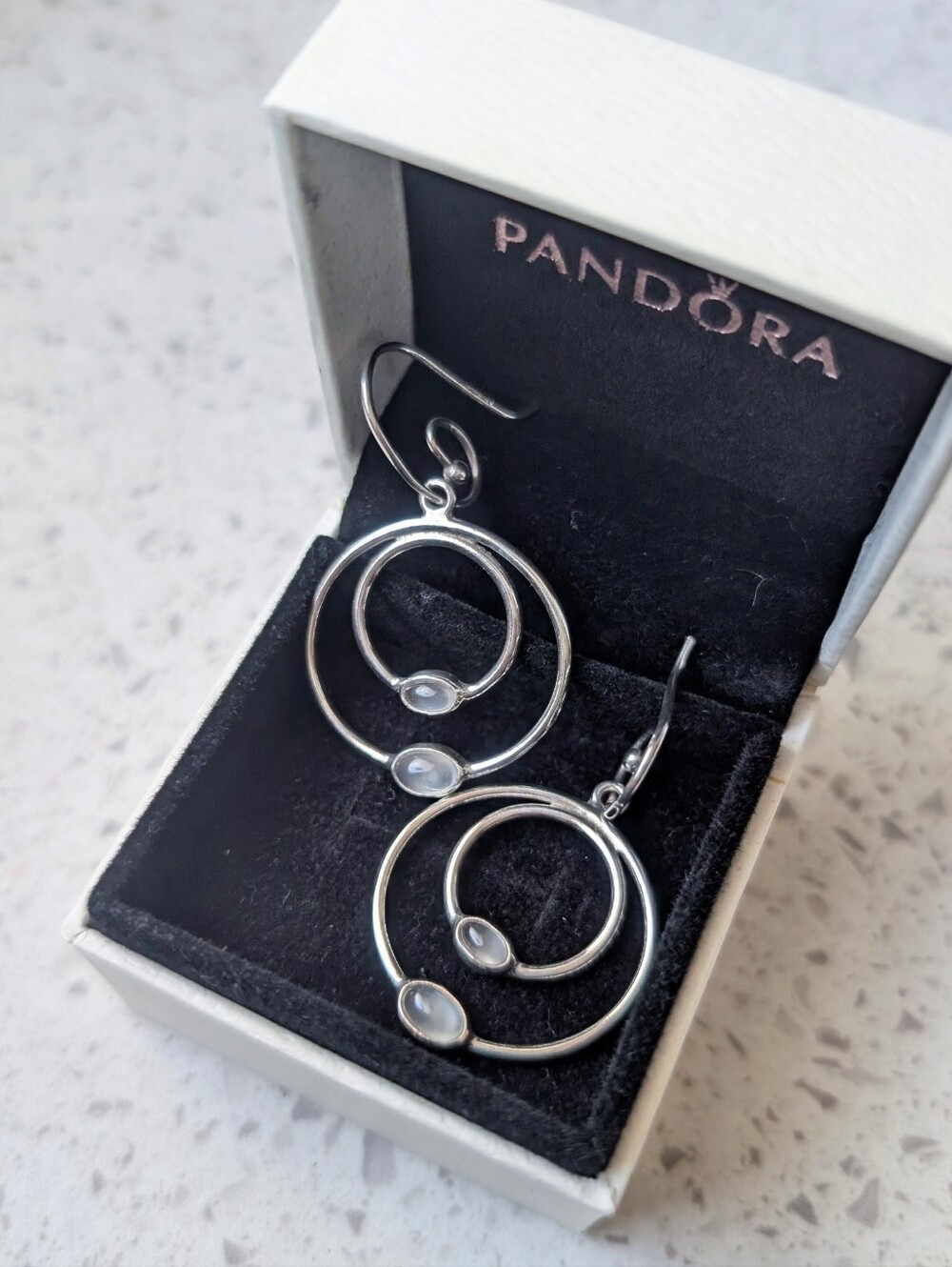 Authentic Pandora Compose Earrings Sterling Silver Grey Moonstone Double Hoop